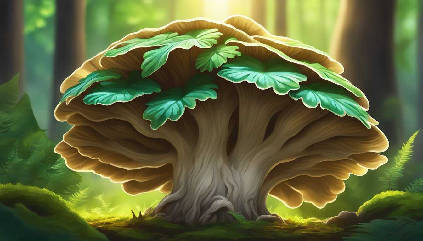 A hen of the woods mushroom surrounded by vibrant green foliage, with rays of sunlight filtering through the trees onto the forest floor