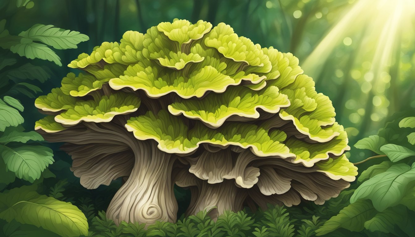 A hen of the woods mushroom surrounded by vibrant green foliage, with rays of sunlight shining down on it