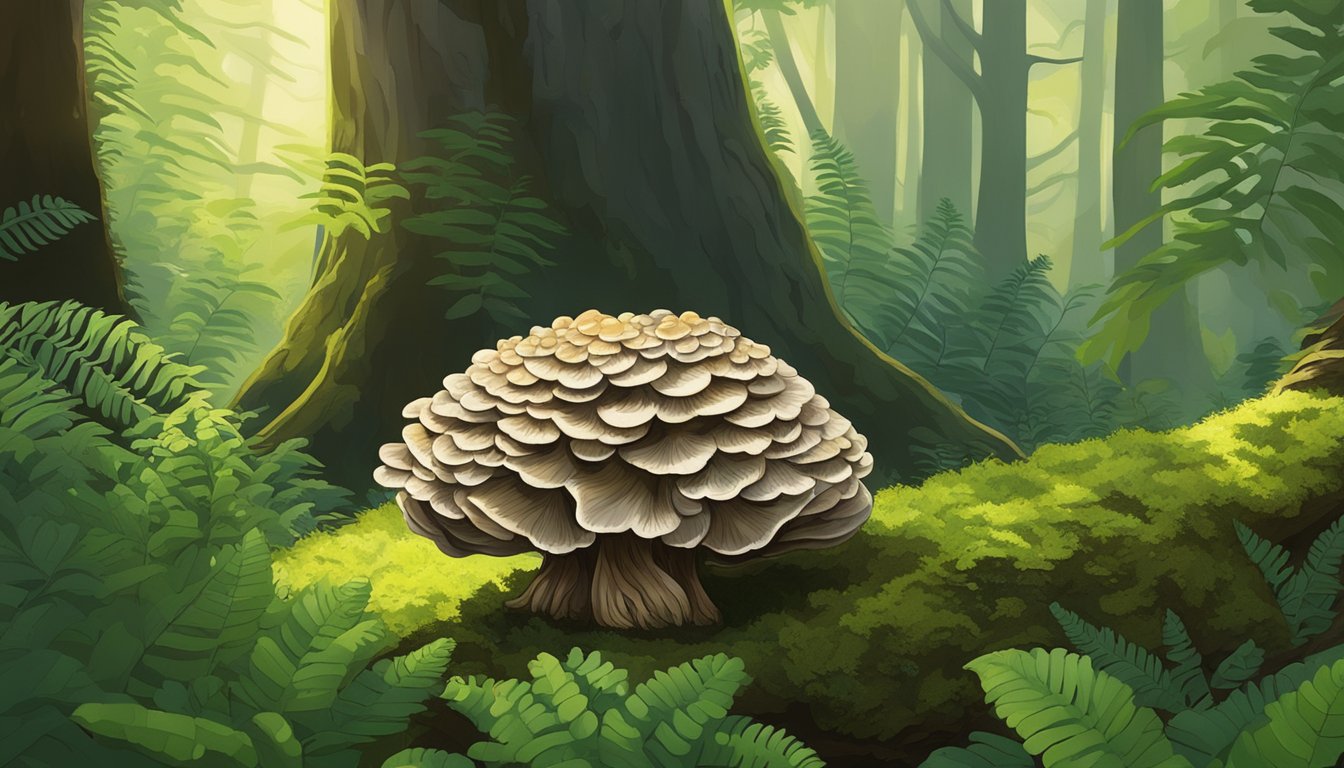 A hen of the woods mushroom nestled among vibrant green ferns and moss, with dappled sunlight filtering through the forest canopy above