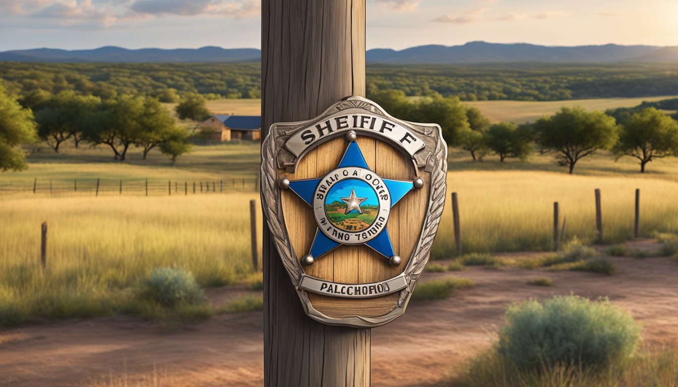 A sheriff's badge pinned to a wooden post with a "No Alcohol" sign in the background, surrounded by the rural landscape of Palo Pinto County, Texas