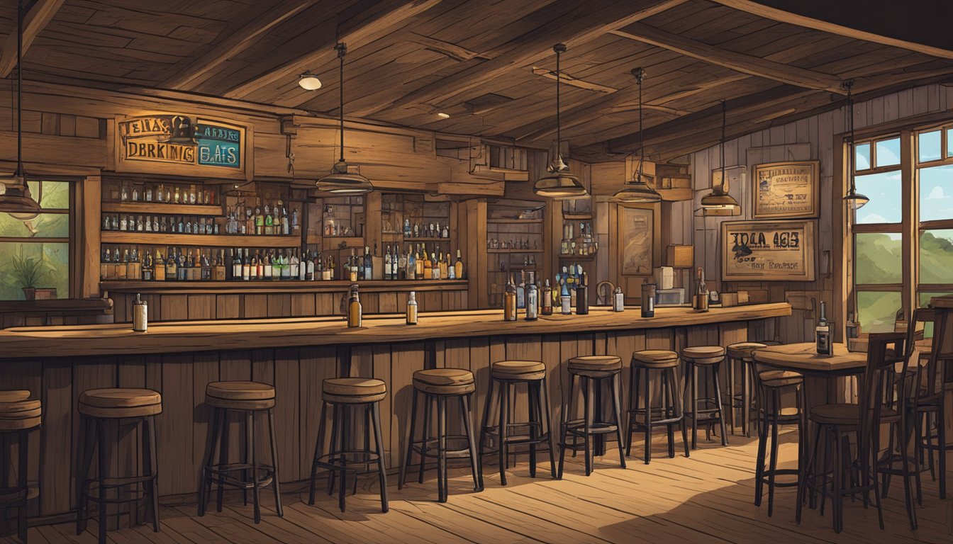 A rustic Texas bar with a sign displaying the legal drinking age. Tables and chairs fill the space, with patrons enjoying drinks