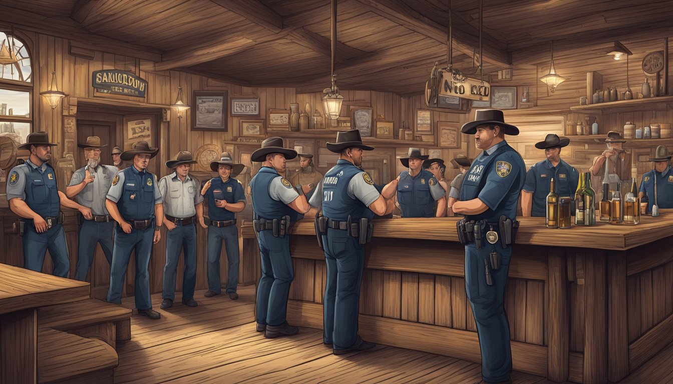 A rustic saloon with a "No Alcohol" sign in Panola County, Texas, surrounded by law enforcement and local officials enforcing alcohol laws