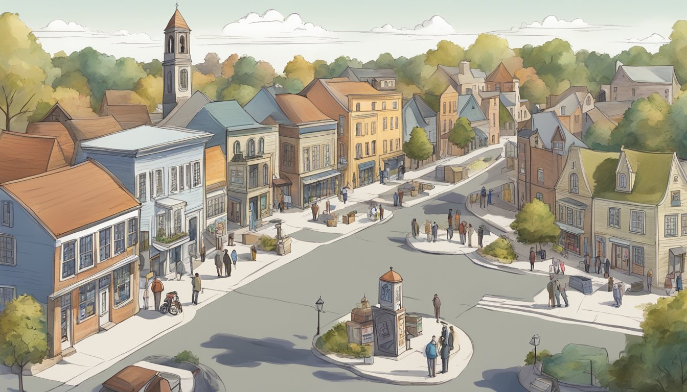 A small town square with a "Vote Today" sign, surrounded by quaint buildings and a church, as residents gather to cast their votes on alcohol laws