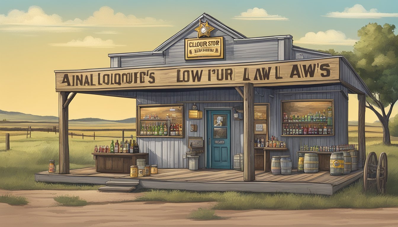 A rural Texan landscape with a sheriff's badge, a liquor store, and a sign displaying alcohol laws