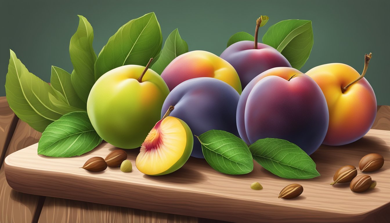 A colorful assortment of pluots arranged on a wooden cutting board, surrounded by fresh green leaves and a scattering of seeds