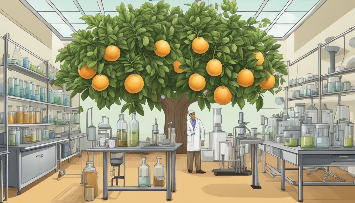 A grapefruit tree with ripe fruit and leaves, surrounded by a laboratory setup with beakers and test tubes, showcasing the chemical composition of grapefruit seed extract