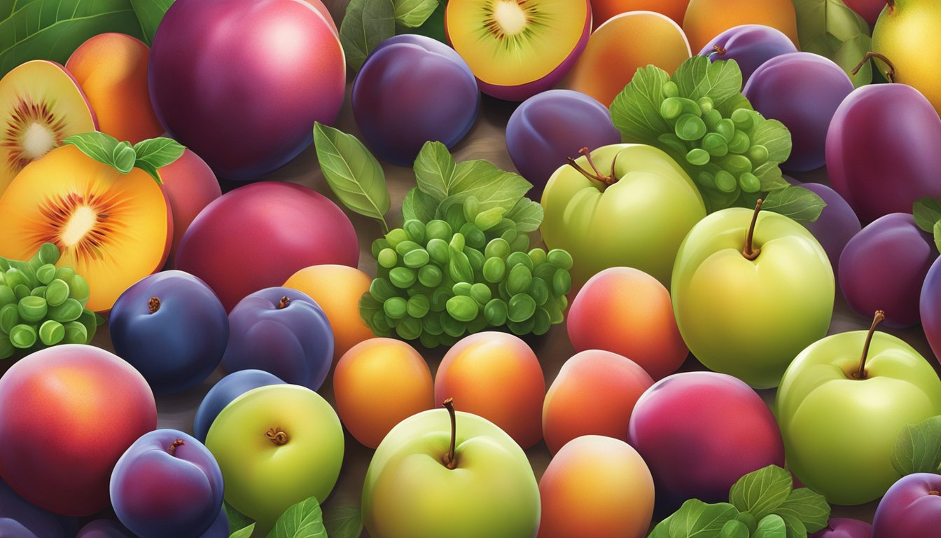 A colorful array of pluots, surrounded by a variety of fresh fruits and vegetables, with a glowing halo of light highlighting their vibrant and nutritious qualities