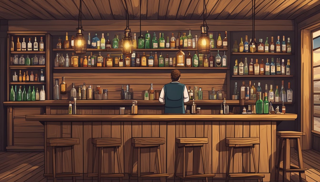 A rustic bar with wooden stools and shelves of liquor bottles. A bartender pouring drinks for patrons seated at the counter