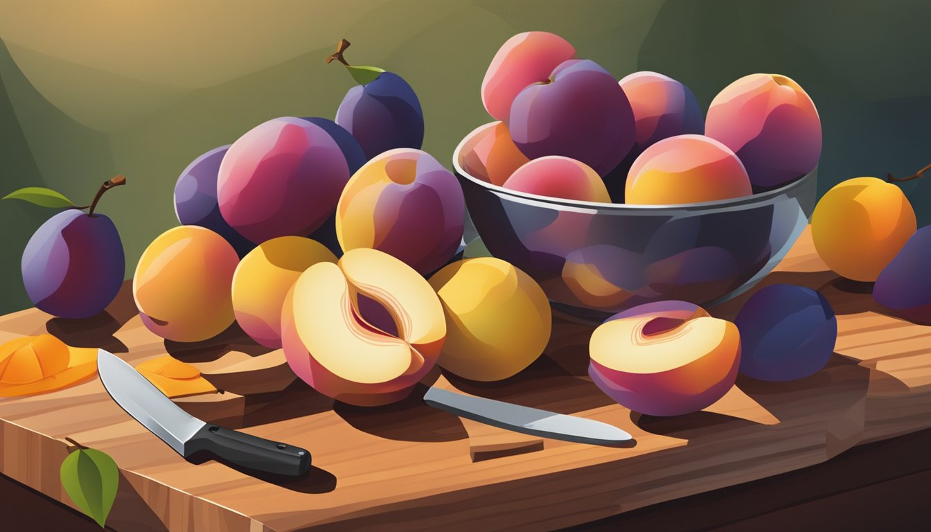 A colorful array of pluots arranged on a wooden cutting board, with a knife and a few sliced pieces next to it. A bowl of mixed fruits in the background