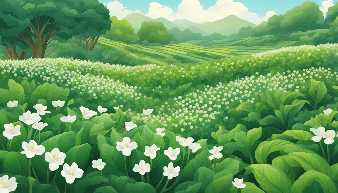 A lush field of kai lan plants, with vibrant green leaves and delicate white flowers, surrounded by other vegetables