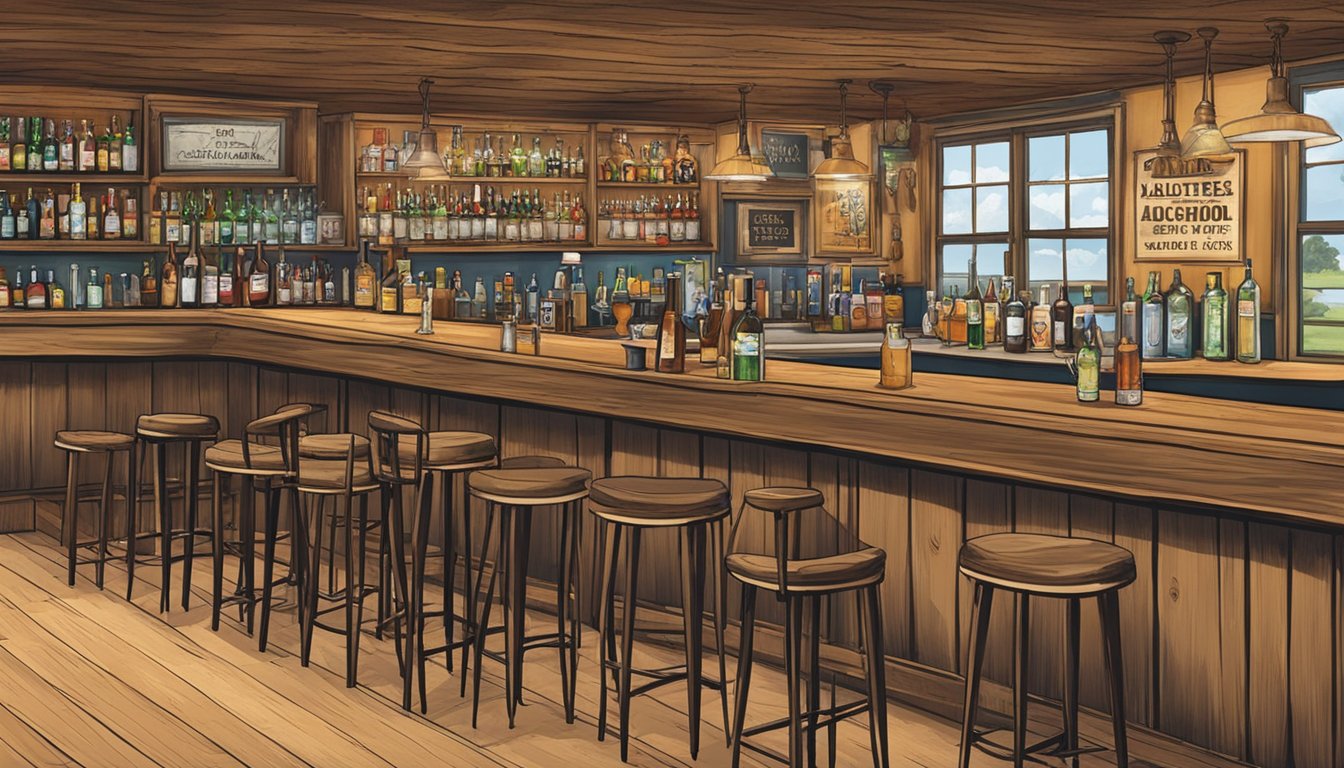 A rustic bar in Ochiltree County, Texas, with a sign displaying alcohol laws. Tables and chairs fill the space, while patrons enjoy drinks