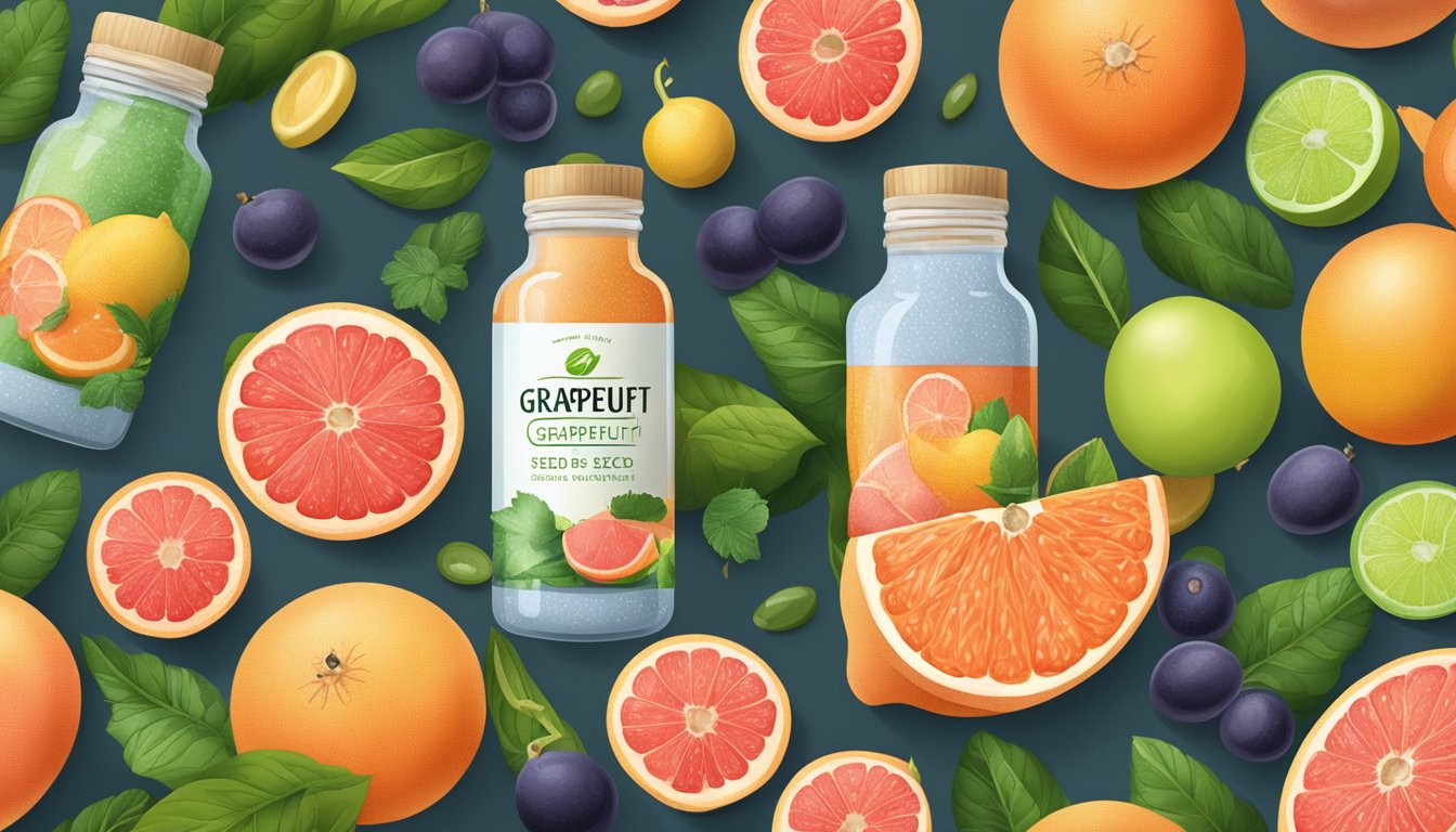 A bottle of grapefruit seed extract surrounded by fresh grapefruits and a variety of healthy fruits and vegetables