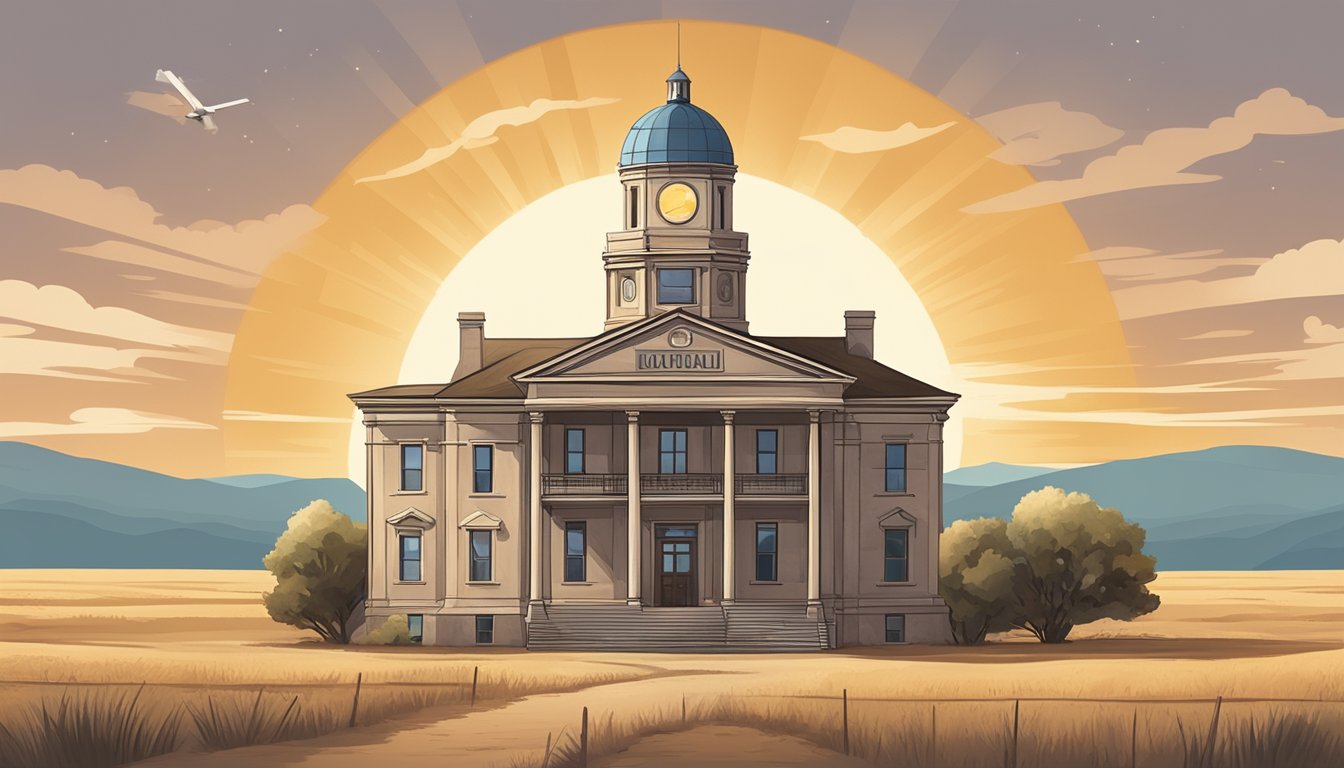 A dusty, sun-baked county courthouse with a weathered sign displaying outdated alcohol laws. Surrounding landscape features rolling plains and a lone windmill