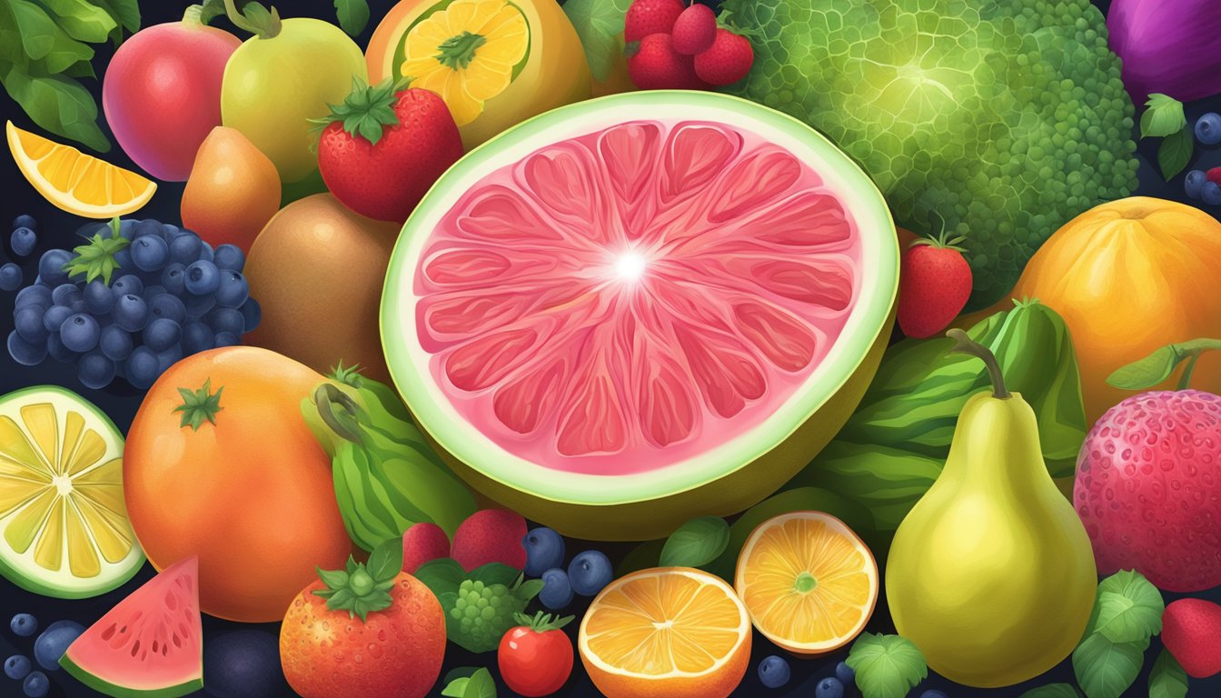 A vibrant pummelo fruit surrounded by a variety of colorful fruits and vegetables, with a glowing halo of light around it, symbolizing its health benefits