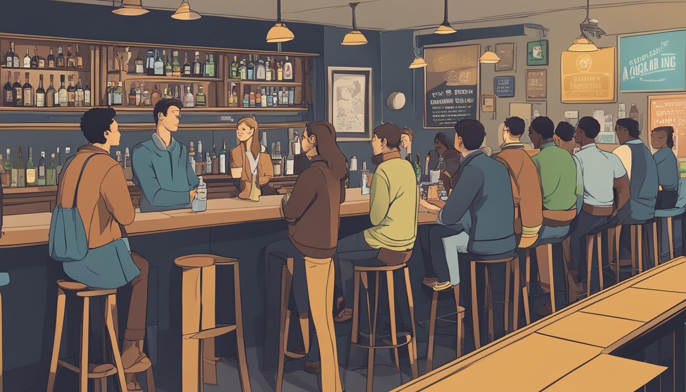 A group of people sitting at a bar, some with drinks in hand, while others stand in line waiting to order. Signs on the wall indicate the legal drinking age and restrictions on alcohol consumption