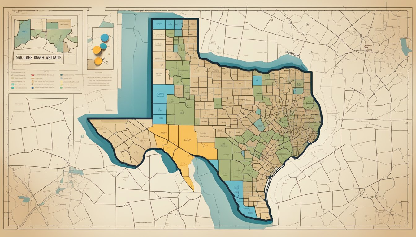 A Texas county map with a highlighted area, a bottle of alcohol, and a crossed-out 21 symbol