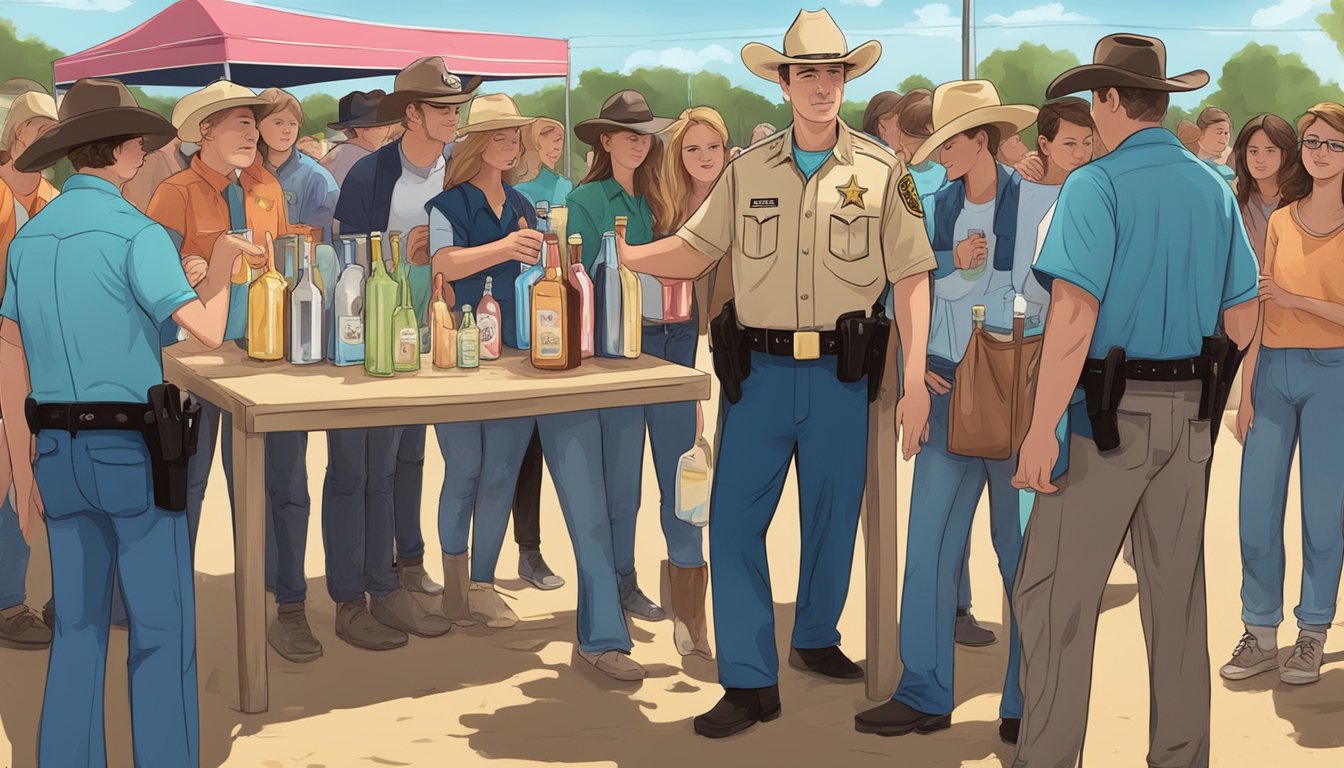 A small town sheriff confiscating alcohol from a group of teenagers at a rural Texas county fair