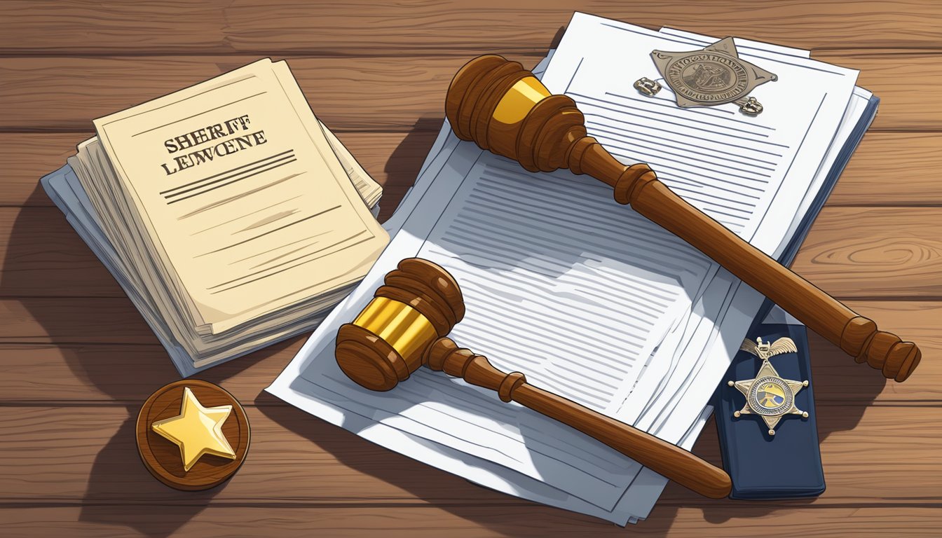 A sheriff's badge and a stack of legal documents on a wooden desk. A gavel rests next to the documents, symbolizing enforcement of alcohol laws