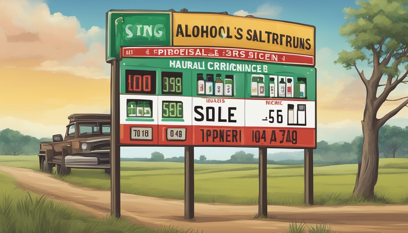 A sign displaying specific alcohol sales time restrictions in a rural Texas county