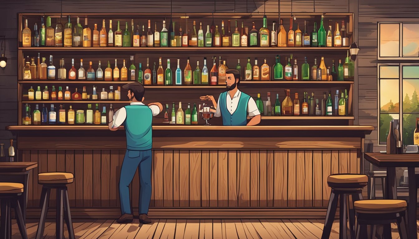 A rustic bar with shelves of alcohol bottles, a bartender serving drinks, and customers purchasing and enjoying drinks