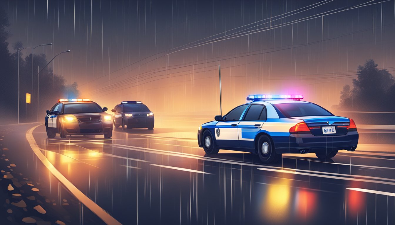 A police car pulls over a swerving car on a dark, rainy road