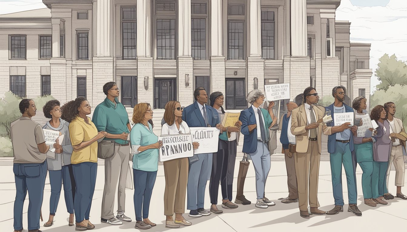 A group of people standing in front of a courthouse, holding signs and discussing alcohol laws in Panola County, Texas