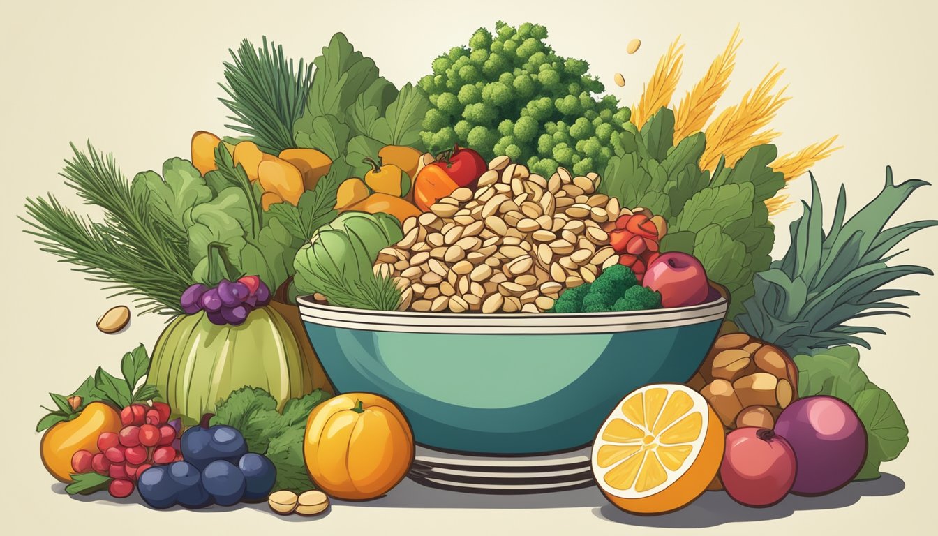 A bowl of pine nuts surrounded by various fruits and vegetables, with a glowing halo of light around them, suggesting their health benefits