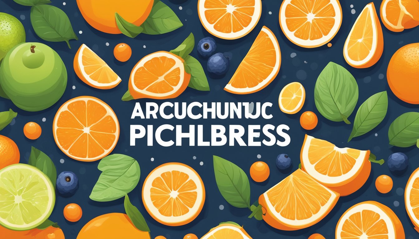 A colorful array of pichuberries, showcasing their vibrant orange color and small, round shape. Surrounding the fruit are various icons representing health benefits such as antioxidants and vitamin C