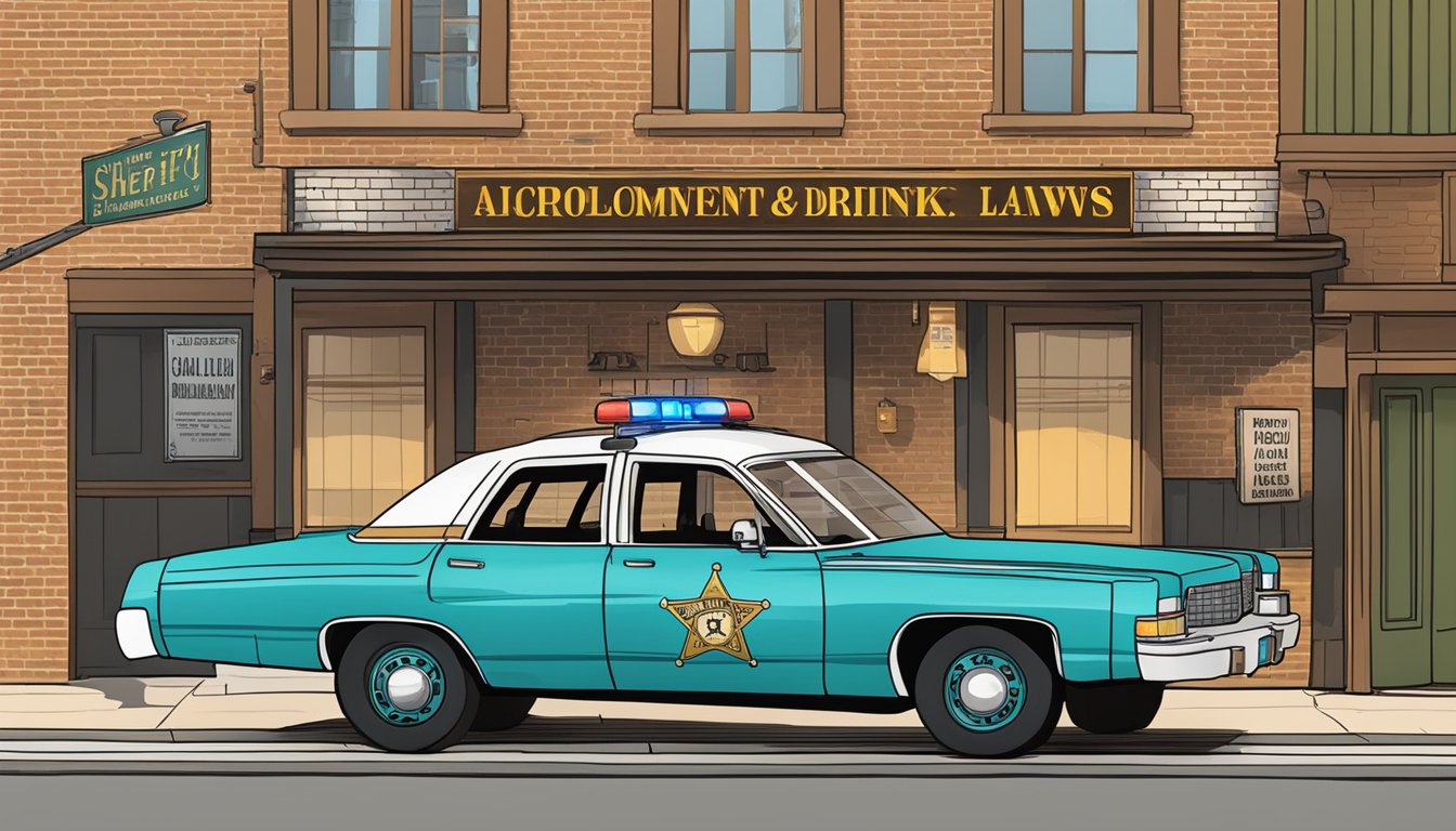 A sheriff car parked outside a bar, with a sign displaying "Enforcement and Penalties newton county texas alcohol and drinking laws" prominently displayed