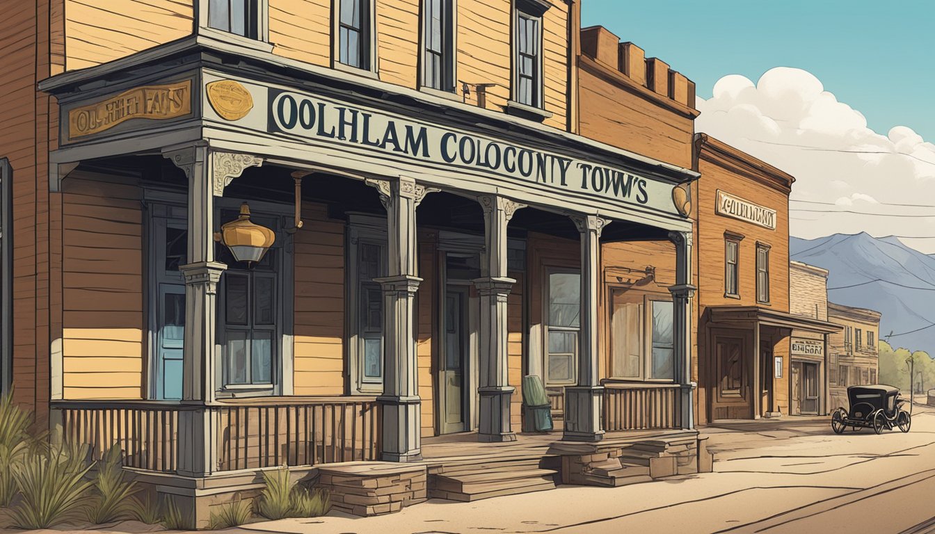 A dusty western town with a saloon and a sheriff's office, with a sign displaying "Oldham County Alcohol Laws" prominently