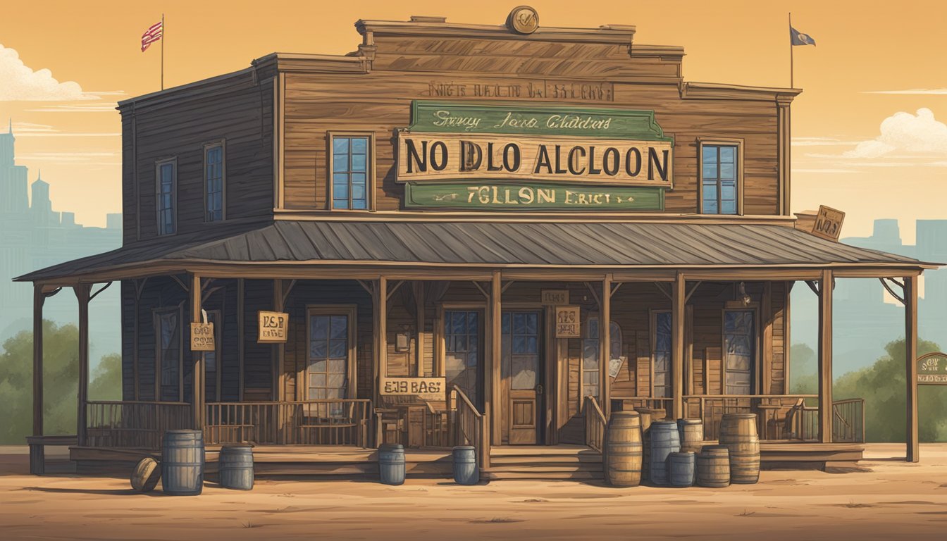 A dusty saloon with "No Alcohol" signs in Newton County, Texas, surrounded by historical landmarks