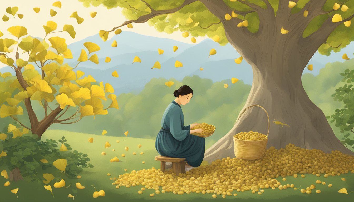 A serene garden with a ginkgo tree, its branches heavy with golden nuts. A traditional herbalist carefully selects the nuts, highlighting their historical and health benefits