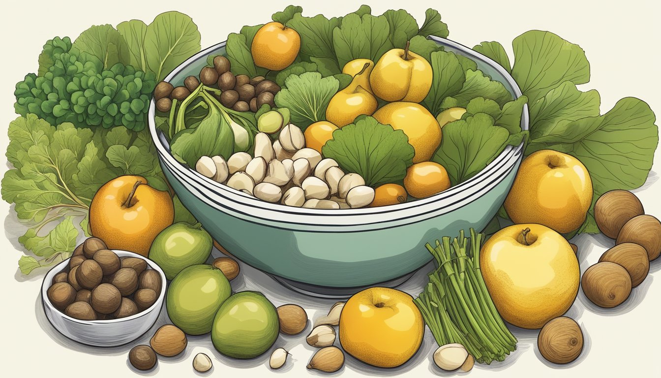 A bowl of ginkgo nuts surrounded by various fruits and vegetables, emphasizing their nutritional benefits and potential health advantages