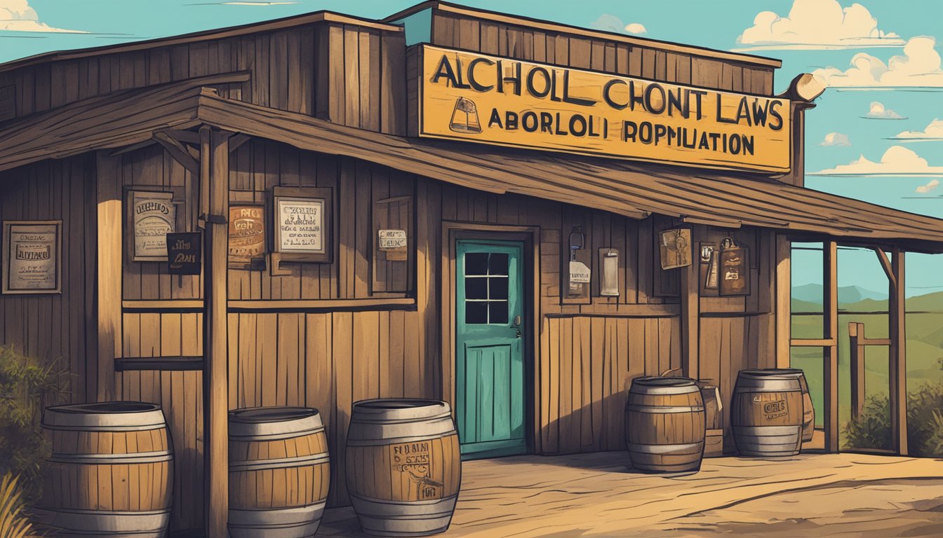 A rustic bar in Polk County, Texas, with signs displaying alcohol consumption laws