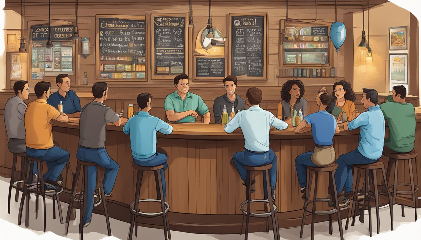 A group of people sitting at a bar, with drinks in front of them. A sign on the wall displays the legal drinking age and regulations for Otley County, Texas