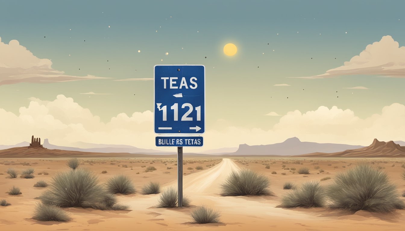 A dusty Texas road sign with bullet holes, surrounded by barren desert landscape