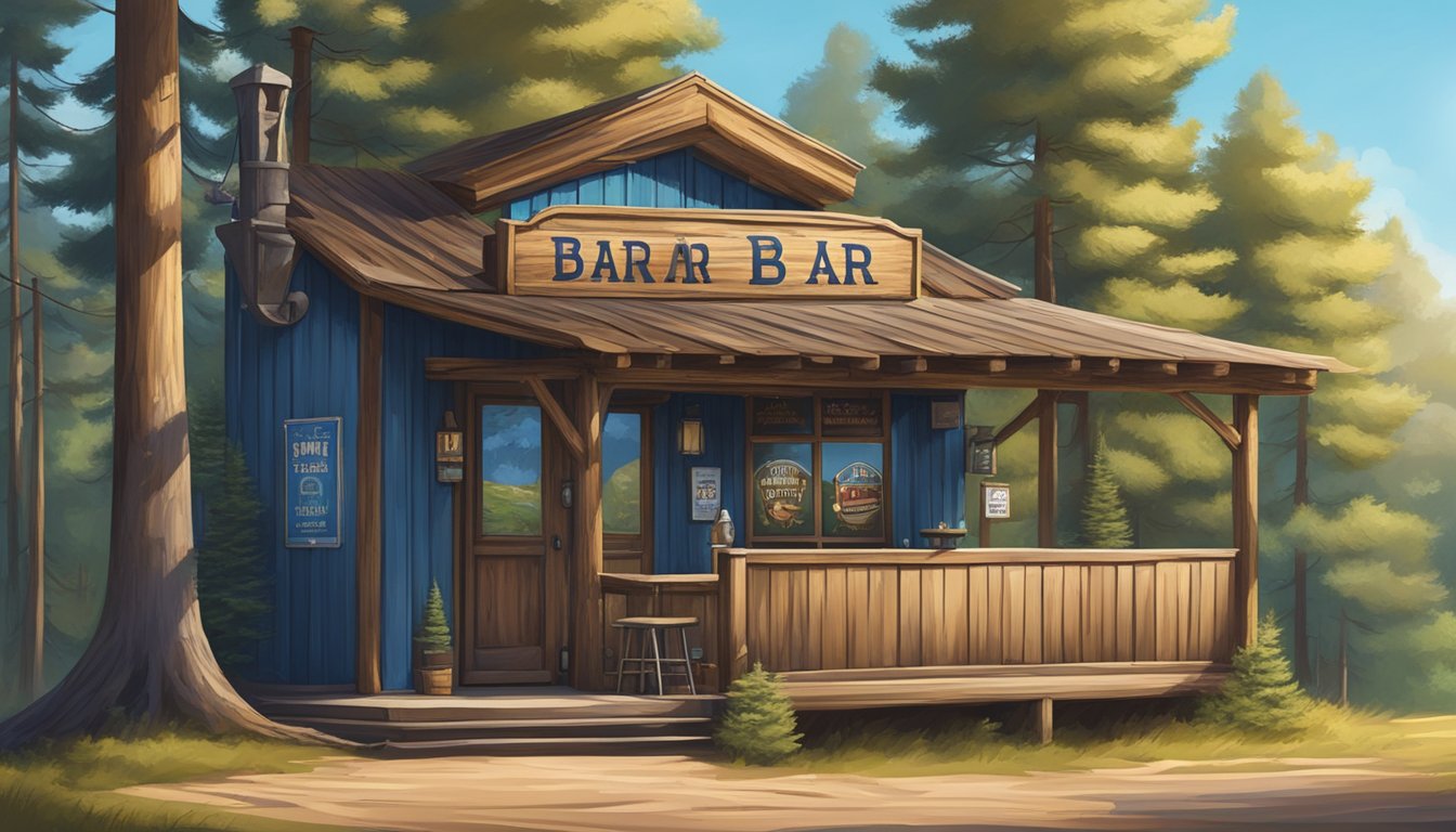 A rustic wooden sign marks the entrance to a small-town bar, surrounded by towering pine trees and a clear blue sky