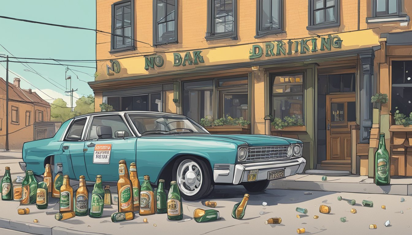 A car parked outside a bar with empty beer bottles scattered around it, a "no drinking and driving" sign nearby