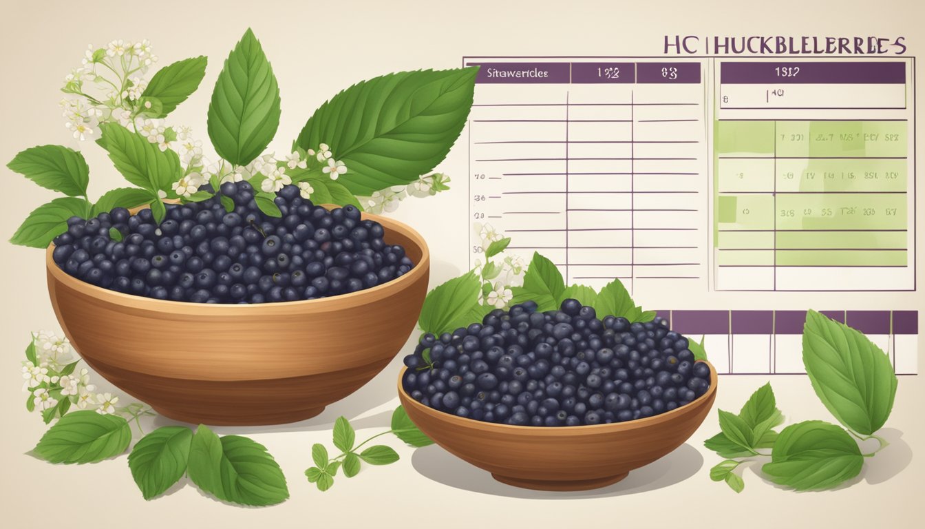 A bowl of fresh huckleberries surrounded by green leaves and flowers, with a measuring tape and a nutrition chart in the background