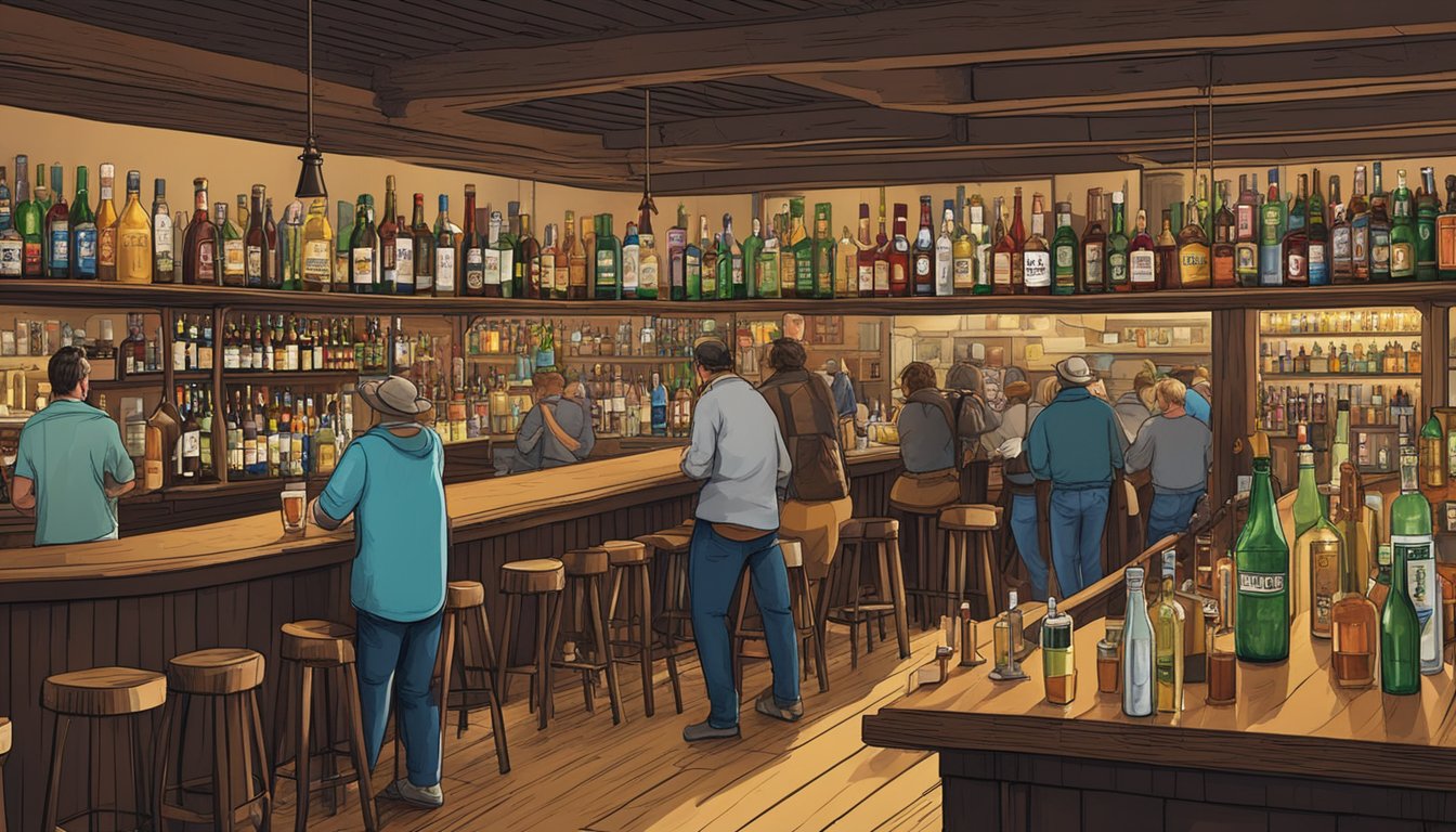 A bustling bar in Otley County, Texas, with shelves stocked full of various alcohol bottles and patrons enjoying drinks