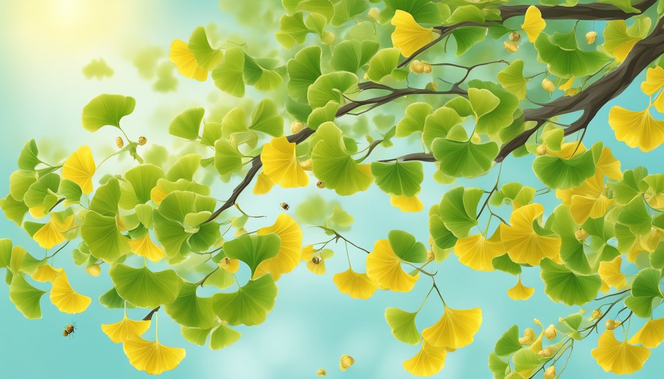 A lush ginkgo tree with vibrant green leaves and golden nuts hanging from the branches. Bees buzzing around the tree, showcasing the natural beauty and potential health benefits of ginkgo nuts