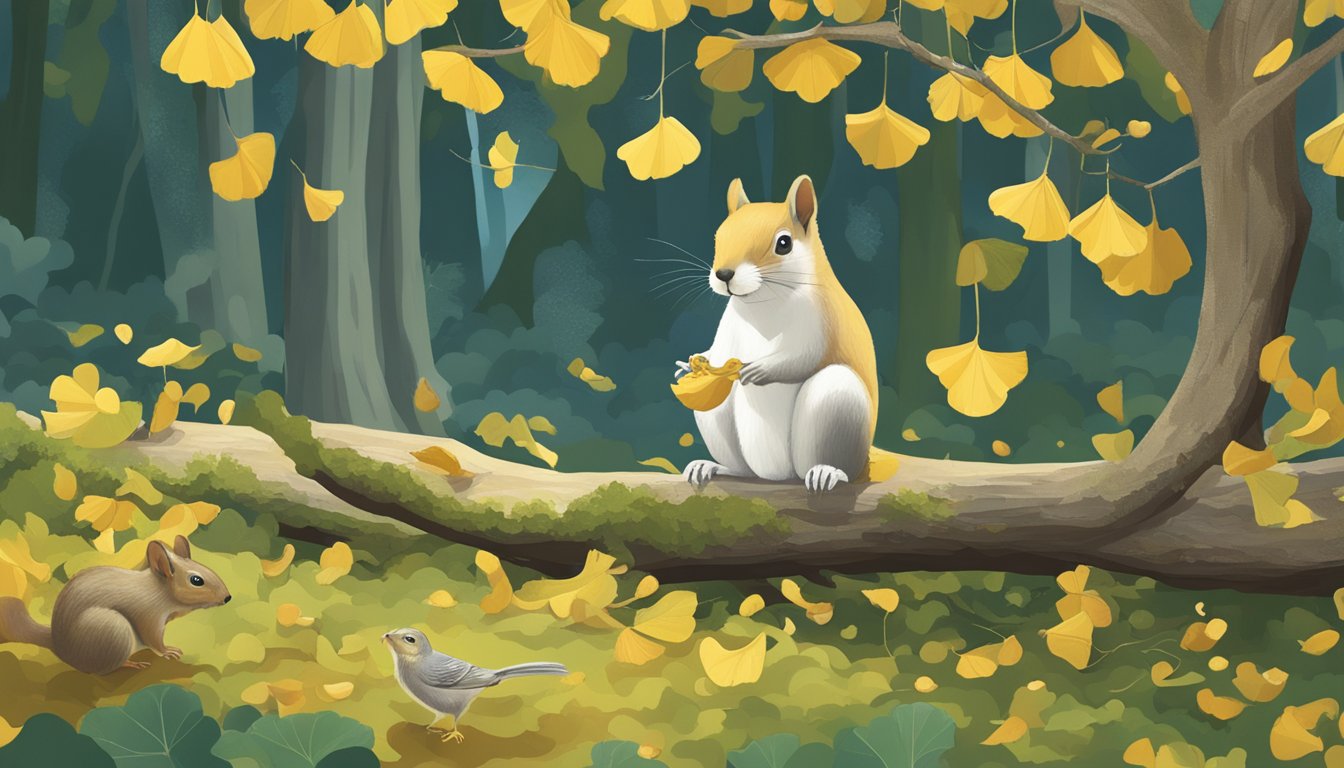 A serene forest clearing with a ginkgo tree, its branches heavy with golden nuts. A squirrel nibbles on one, while a bird perches nearby