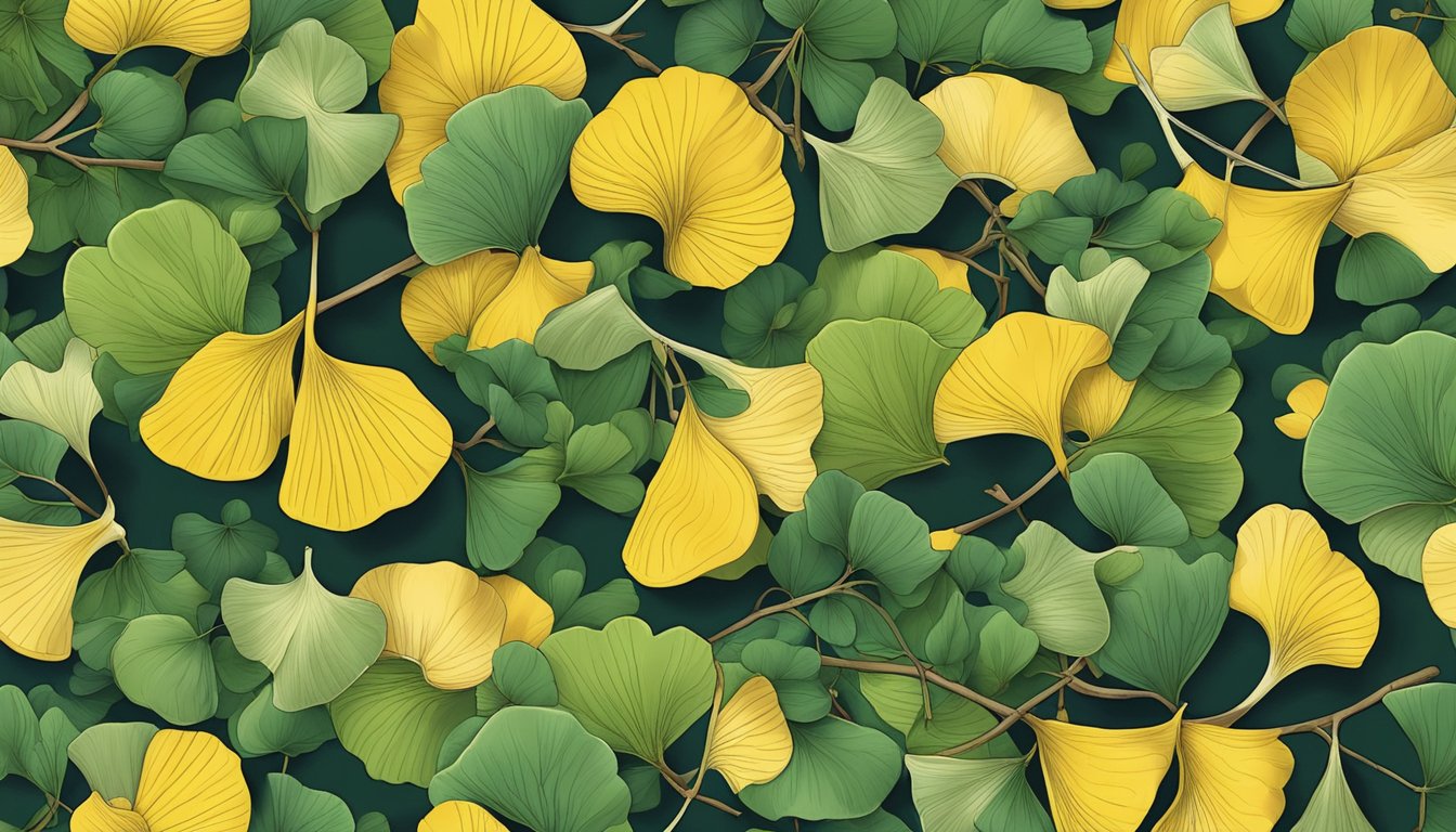 A close-up of ginkgo nuts surrounded by leaves and branches, with a sense of tranquility and natural beauty