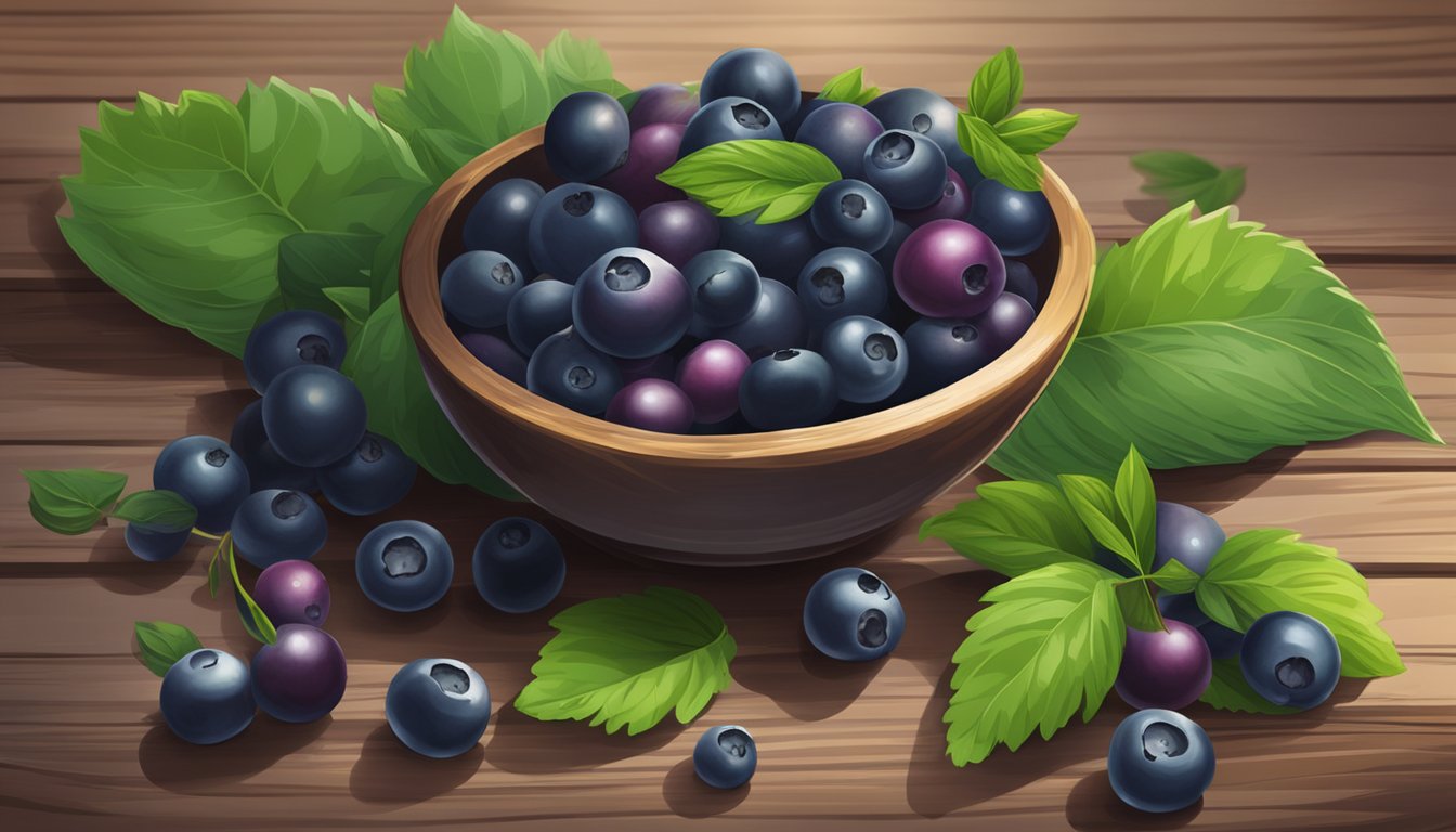 A bowl of fresh huckleberries sits on a rustic wooden table, surrounded by green leaves and a few scattered berries