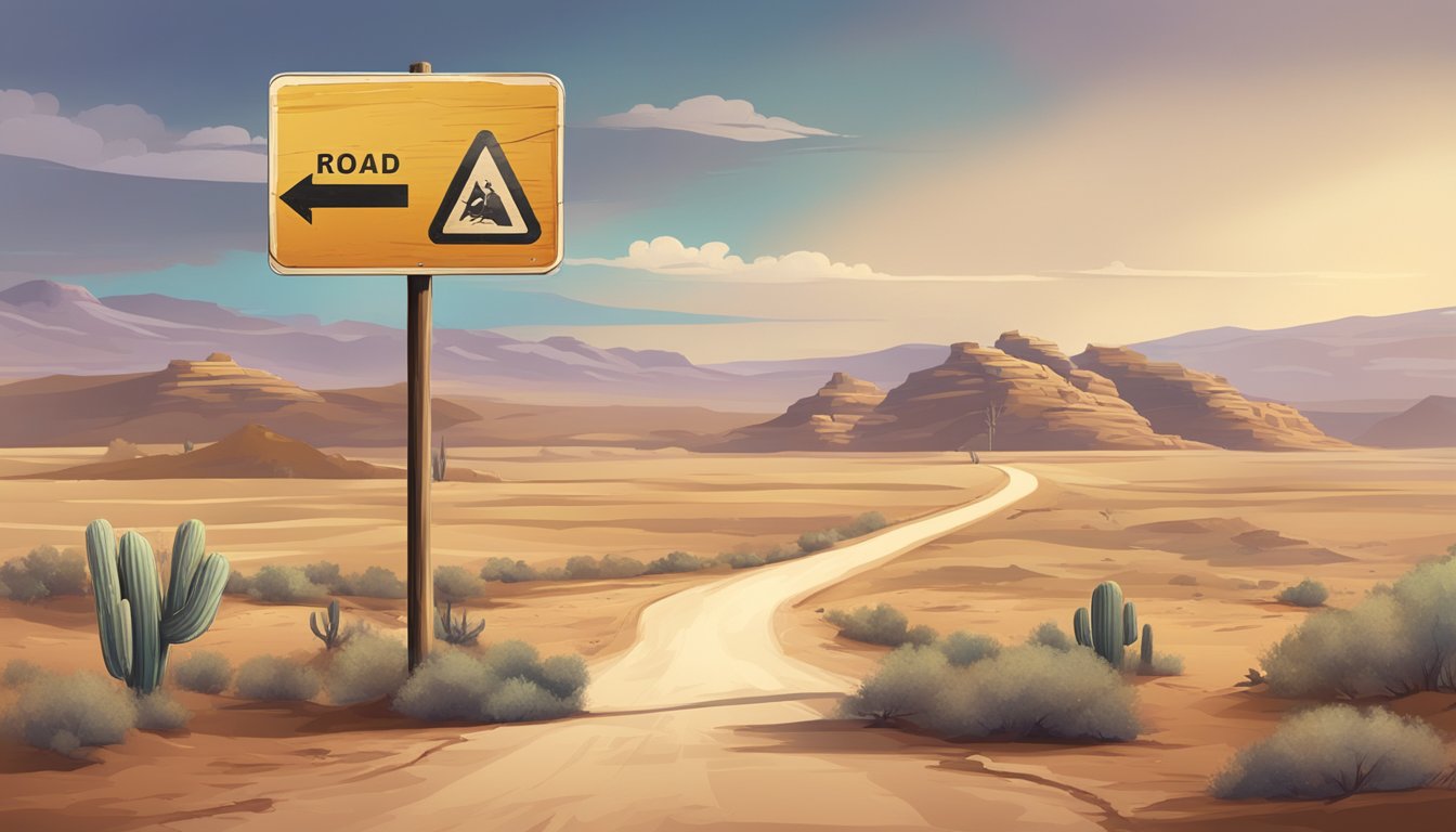 A dusty county road sign with a crossed-out alcohol bottle, surrounded by dry, arid landscape