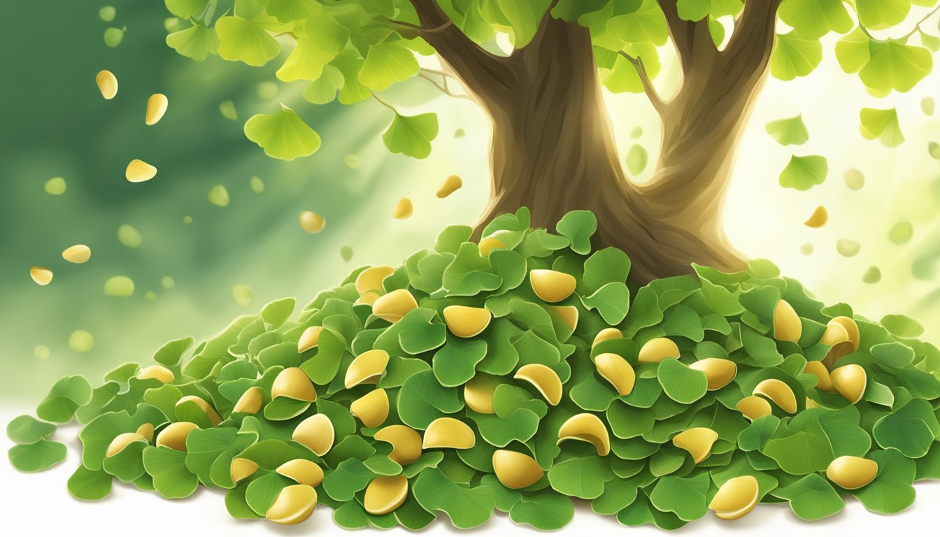 A pile of ginkgo nuts surrounded by green leaves and a branch from the ginkgo tree, with rays of sunlight shining down on the scene