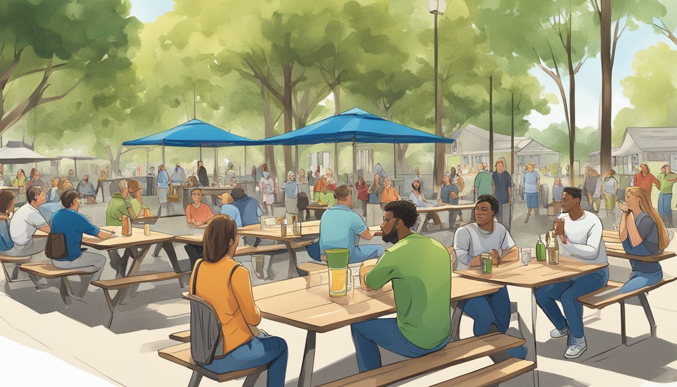 A group of people gathered in a park, some holding drinks, while others sit at picnic tables. Signs indicating alcohol regulations are posted throughout the area