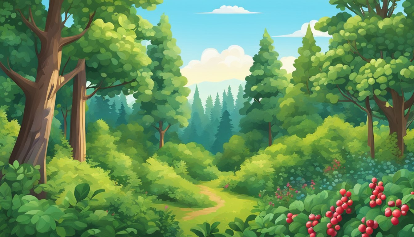 A lush forest with huckleberry bushes and ripe berries, surrounded by wildlife and a clear blue sky