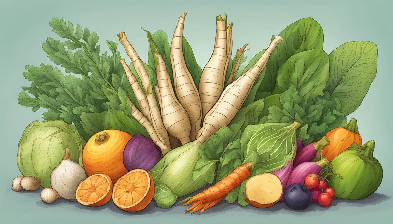 A vibrant illustration of galangal root surrounded by various fruits and vegetables, with a detailed nutritional breakdown displayed alongside