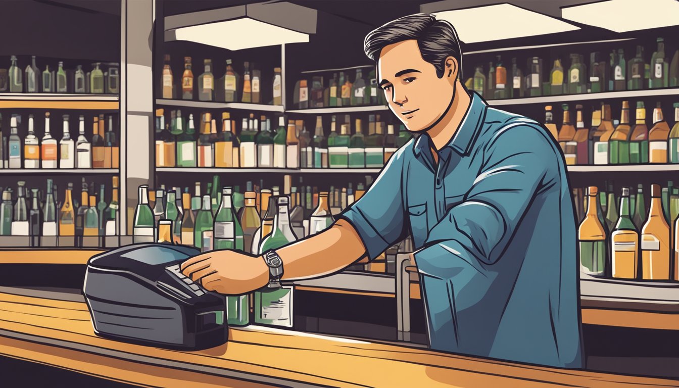 A cashier scanning a bottle of alcohol at a checkout counter in a Texas liquor store